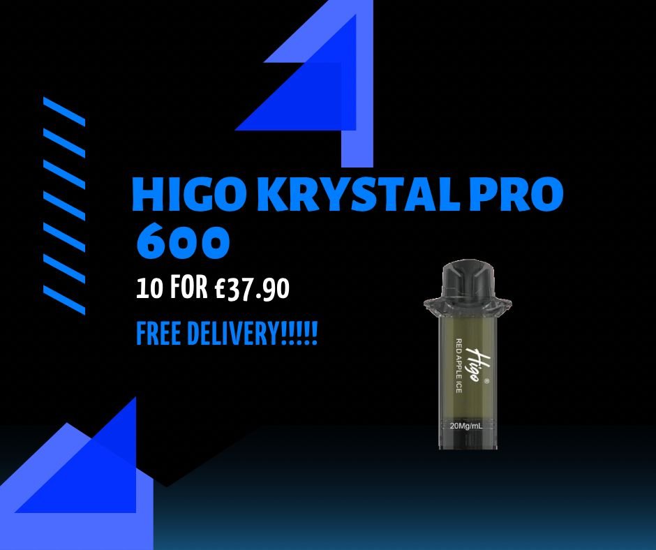 Higo Krystal Pro 600 vape cartridges advertisement showing 10 for £37.90 with free delivery.