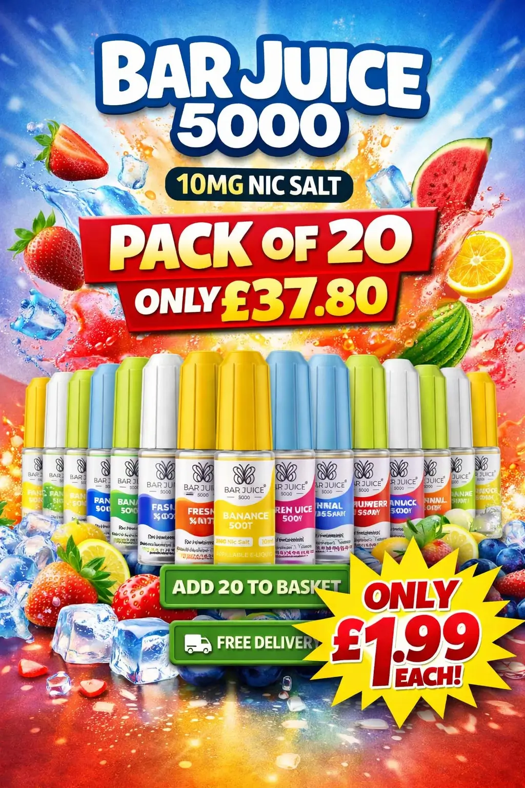 Bar Juice 5000 Nic Salt 10mg 10ml (Pack of 20) – Only £37.80 | £1.89 Each + Free Delivery