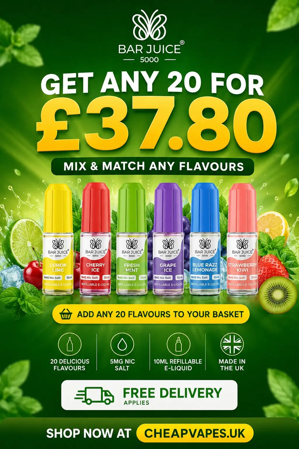 Bar Juice 5000 multi flavour vape liquid deal – any 20 for £37.80 with free delivery at CheapVapes.uk